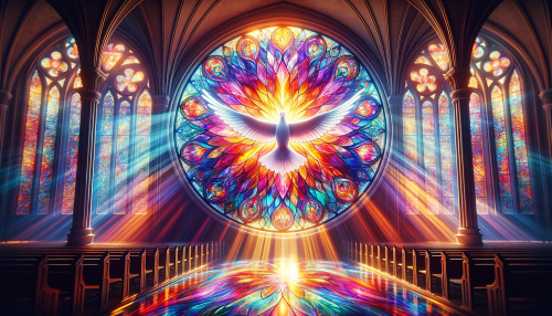 Imagine a stunning stained glass window in a grand cathedral setting, with an intricate design that features a central motif of a dove in flight, symbolizing peace and the Holy Spirit. The dove is surrounded by a halo of light, and the background is a kaleidoscope of vibrant colors that represent the seven gifts of the Holy Spirit. The colors transition smoothly from warm reds and oranges to cool blues and purples, creating a sense of depth and dimension. The light shining through the glass casts a dazzling array of colors across the floor of the cathedral, creating a sacred and awe-inspiring atmosphere. The window is crafted in a wide 16:9 aspect ratio, capturing the full majesty of the design and the ethereal quality of the light.