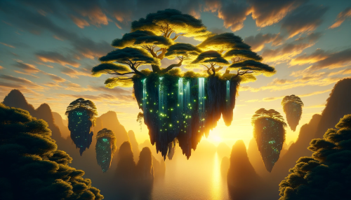 Visualize a serene scene with floating Japanese rock cliffs adorned with verdant trees, under the glow of a setting sun that casts a golden yellow light. The cliffs are suspended in a calm sky, with waterfalls flowing over their edges in graceful arcs, gleaming with bioluminescent colors that contrast with the warm sunlight. The golden hour illuminates the scene, highlighting the trees and the cliffs' surfaces, while the sky transitions from a soft yellow near the horizon to a deepening blue above, creating a peaceful and otherworldly twilight setting.