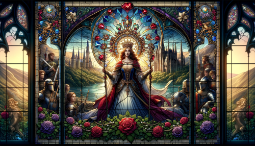Imagine an elaborate stained glass window that could adorn a medieval castle's grand hall. This window features a valiant queen in the center, adorned in regal attire, with a crown that glimmers with embedded gem-like glass pieces. She is surrounded by her loyal knights and subjects, with a majestic castle and a lush kingdom in the background. The scene is framed by a border of intertwined roses and thorns, symbolizing beauty and strength. The color scheme should be regal, with deep purples, royal blues, and accents of gold leaf. The sunlight shining through casts a resplendent light, making the queen's figure a central beacon of the composition. The window should be in a wide 16:9 aspect ratio, emphasizing the rich storytelling and the elegance of the medieval period.