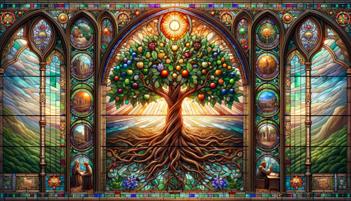 Create a stunning stained glass window design befitting a medieval church. The focal point should be a grand tree of life, with roots and branches intricately woven into the border of the window. The tree is adorned with various types of leaves and fruits, each leaf and fruit glinting with different shades of emerald, amber, and sapphire, representing the diversity of life. In the background, a radiant sun with soft rays filters through the clouds, casting a warm, ethereal glow through the glass. The border should be embellished with small, detailed images of medieval church life, including monks writing manuscripts, stonemasons building, and villagers attending a sermon. The color palette is rich and vibrant, highlighting the spiritual and physical growth represented by the tree. The window is designed in a wide 16:9 aspect ratio, emphasizing the grandeur and importance of the church in medieval society.