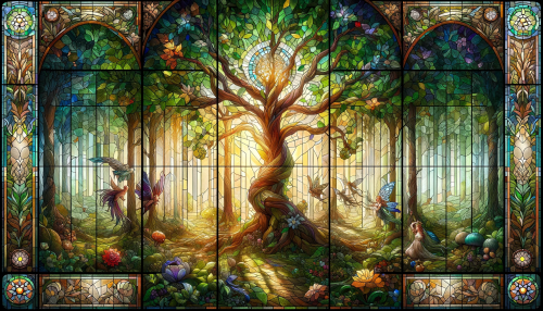 Design an imaginative stained glass window that evokes the essence of an enchanted forest. The window should feature a variety of flora and fauna, with a majestic tree at its center, its branches sprawling across the pane. Among the leaves, mythical creatures like fairies or sprites should be subtly hidden. The color scheme should be rich in greens, browns, golds, and touches of vibrant colors where flowers and creatures are. The light streaming through should create a dynamic and enchanting play of light and shadow, suggesting early morning light filtering through a dense canopy. The composition should be detailed and balanced, with a wide 16:9 aspect ratio to give a panoramic view of this mystical scene.