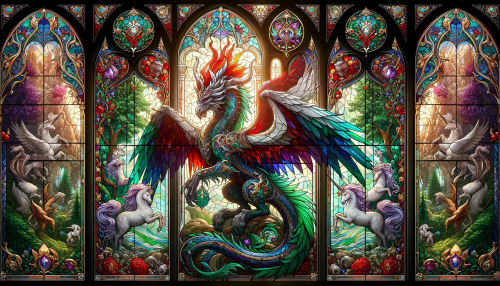 Craft a magnificent stained glass window reflecting a medieval fantasy theme, suitable for a grand castle's chapel. The design should center around a mythical creature, such as a dragon or a griffin, symbolizing strength and valor. Surrounding the creature are elements of a mystical forest, with unicorns and enchanted trees, all within a medieval tapestry style border. The color palette should be bold and vibrant, with emerald greens, ruby reds, and sapphire blues. Gold and silver accents should highlight the intricate details. The sunlight filtering through should enhance the magical feeling, casting colorful reflections that bring the scene to life. The window's design is in a wide 16:9 aspect ratio, showcasing the full glory of the mythical narrative.