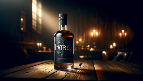 An image of a whiskey bottle with a beautifully designed label that reads 'HATRED', placed on a wooden table. The setting is a dark, gloomy room that exudes an aura of hatred. The bottle's presence and the ambiance of the room should reflect the concept of the label, with the design elements and the setting harmoniously creating a mood that resonates with the theme of 'HATRED'.