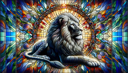 Visualize a lion in the style of an ornate, realistic stained glass window. The lion is in the center, depicted in a dynamic and lifelike pose, capturing its regal expression. Surrounding the lion is a completely new and intricate pattern of vibrant, colored glass pieces, each piece carefully shaped and shaded to resemble the natural contours and texture of the lion's fur and features. Light filters through the stained glass, casting a radiant, multi-colored glow that accentuates the lion's noble stature. The design is unique, differing from previous images, and the arrangement of the glass creates a sense of harmony and balance, fitting for a majestic architectural masterpiece. The image is in a wide 16:9 aspect ratio, emphasizing the grandeur of the composition.