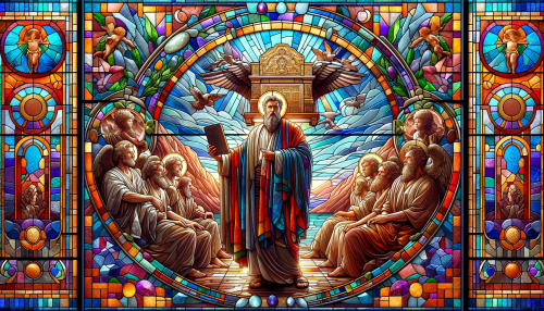 Create an image of Moses and the Ark as the central figures in a stained glass window, with a new design distinct from previous imagery. Moses should be depicted with a sense of wisdom and leadership, holding the tablets of the Ten Commandments. The Ark of the Covenant should be illustrated with its biblical description in mind, featuring cherubim and intricate details. Surrounding them is a new pattern of vibrant, colored glass pieces that are shaped and shaded to follow the contours and textures of the scene, including elements such as Mount Sinai, the stone tablets, and the Ark itself. The light passing through the glass should create a luminous effect, highlighting the sacredness of the subject. The design should exude harmony and befit an architectural marvel, set in a wide 16:9 aspect ratio to underscore its splendor.