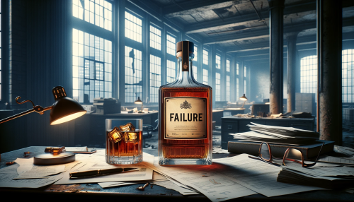 Create an image of a whiskey bottle with a sophisticated label that correctly spells 'FAILURE', set on a desk with a glass of whiskey beside it. The atmosphere is within an abandoned office building, with papers scattered around to suggest a business that has not succeeded. The overall setting and mood should convey the theme of failure, with the detritus of a once-active office space enhancing the sense of abandonment and defeat. The design of the label should be striking, standing out amidst the gloom of the failed business environment. The image should be in a 16:9 aspect ratio to encompass the expansive nature of the setting.