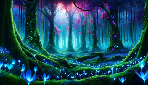 Envision a dense forest that draws inspiration from the bioluminescent flora of an 'Avatar'-like world. The forest floor is carpeted with lush, neon green moss, and towering trees with vibrant purple and blue leaves reach towards the sky. Glowing, delicate ferns and flowers emit a soft light, creating an ethereal atmosphere. Vines with luminous nodes drape over branches, and the air is filled with the gentle light of floating spores, reminiscent of the mystical and alien woodlands seen in fantasy films.