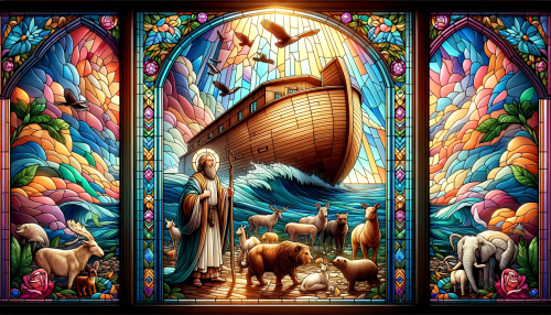 Create an ornate, realistic stained glass window depiction of Noah and the wooden Ark. Noah should be shown as a venerable figure, with a gentle yet commanding presence, standing before the Ark, which is depicted as a large, wooden vessel according to its biblical description. The Ark should be surrounded by various animals in pairs, symbolizing the story of the great flood. The surrounding glass pieces should be vibrant, with each piece shaped and shaded to accentuate the forms of Noah, the Ark, and the animals. Sunlight should be illustrated as filtering through the glass, casting a radiant, multi-colored glow that enhances the storytelling elements of the scene. The overall design should be harmonious and balanced, with the wide 16:9 aspect ratio emphasizing the grandeur of the biblical tale.