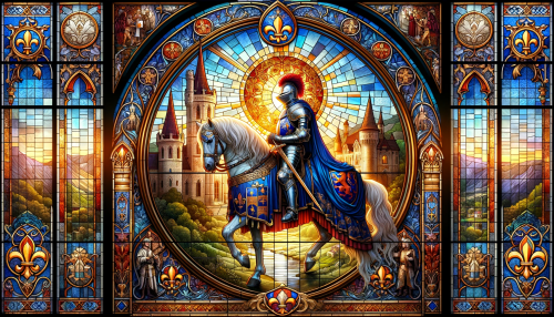 Create a stunning stained glass window design reminiscent of medieval times, fit for a castle setting. This window should feature a knight in shining armor at the center, poised nobly on his steed, with a castle and a thriving medieval village in the background. The knight should be depicted with a detailed crest on his shield, and the horse elegantly outfitted. The colors should be rich and deep, with royal blues, deep reds, and golds dominating the palette. There should be intricate border designs, with gothic arches and fleur-de-lis motifs. The sun streaming through should cast a glorious light that illuminates the knight and reflects off the armor, creating a sense of awe and grandeur. The window should be in a wide 16:9 aspect ratio, giving a panoramic view that emphasizes the narrative and the splendor of the era.