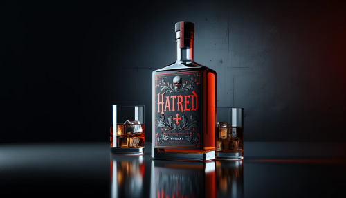 An image of a whiskey bottle on a black table with a label that reads 'HATRED', designed with red, black, and grey colors, exuding a sense of animosity. The bottle is in a dark and gloomy void room, reflecting a somber and hostile atmosphere. Next to the bottle is a glass of whiskey without ice, complementing the bottle and enhancing the overall mood of hatred. The scene should be stark and chilling, with the design elements underscoring the theme of the label.
