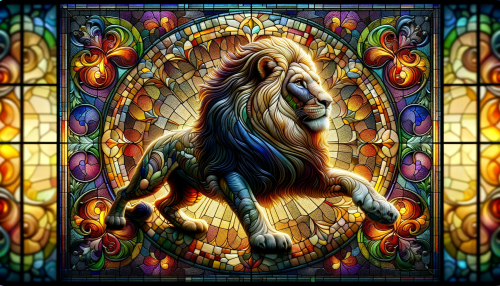 Visualize a lion in the style of an ornate, realistic stained glass window. The lion is in the center, depicted in a dynamic and lifelike pose, capturing its regal expression. Surrounding the lion is a completely new and intricate pattern of vibrant, colored glass pieces, each piece carefully shaped and shaded to resemble the natural contours and texture of the lion's fur and features. Light filters through the stained glass, casting a radiant, multi-colored glow that accentuates the lion's noble stature. The design is unique, differing from previous images, and the arrangement of the glass creates a sense of harmony and balance, fitting for a majestic architectural masterpiece. The image is in a wide 16:9 aspect ratio, emphasizing the grandeur of the composition.