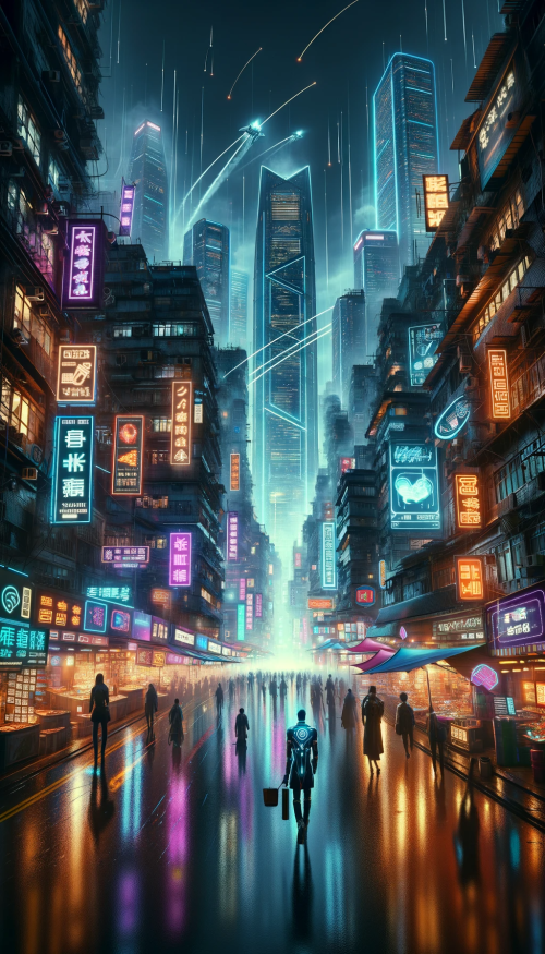 Visualize a cyberpunk cityscape in portrait orientation, where neon signs clash with the dark, towering skyscrapers that reach towards a night sky streaked with the trails of flying vehicles. The foreground is dominated by a bustling street market with various vendors selling high-tech gadgets alongside traditional wares. Diverse pedestrians, including a Caucasian woman with cybernetic limbs and a South Asian man wearing a smart jacket, navigate through the neon-drenched fog. Above, holographic advertisements hover beside the buildings, adding layers of light to the scene. Rain-slick streets reflect the myriad of neon, while in the distance, a colossal digital clock tower displays the time in a radiant glow.