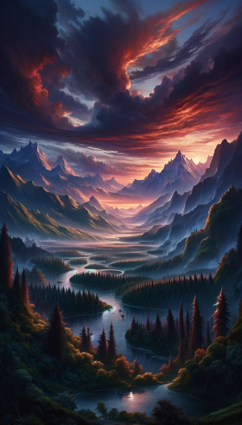 Craft an image of an epic fantasy landscape at twilight, where the sky above is ablaze with the last fiery hues of the setting sun, streaked with dramatic reds and purples. A range of formidable mountains looms in the distance, their imposing peaks shrouded in wisps of cloud and mist. In the middle ground, a sprawling, wild forest stretches as far as the eye can see, filled with towering, ancient trees and thick underbrush, hinting at the presence of magical creatures. A powerful river cuts a swathe through the landscape, its white-water rapids crashing down into a series of breathtaking waterfalls, before finally settling into a broad, serene lake that reflects the dramatic sky. The landscape is devoid of any characters, purely focusing on the vast, untamed beauty of a high fantasy world.