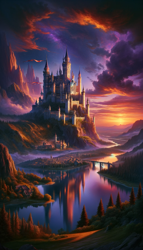 Visualize an epic fantasy landscape at twilight with a majestic castle. The sky is a breathtaking canvas of deep purples, vibrant oranges, and dusky pinks. Perched atop a towering cliff, a grand castle with high walls, ornate towers, and fluttering banners overlooks the realm. Below, the land is lush and diverse, with a mystical forest of ancient trees, a silver river winding through the landscape, and distant mountains creating a dramatic backdrop. The castle's reflection is mirrored in a large, tranquil lake at the base of the cliff. The scene is bereft of characters, focusing solely on the magnificence of the castle and the natural splendor of its fantasy surroundings.