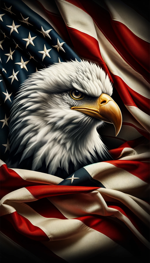 Depict a powerful and patriotic symbol combining the head of a bald eagle with the American flag in a vertical format. The eagle's head is in sharp focus in the foreground, its gaze intense and commanding. The eagle's feathers transition seamlessly into the rippling fabric of the American flag, which fills the background with its bold stars and stripes. The flag appears to be waving in the breeze, suggesting a sense of movement and freedom. This composition creates a striking visual metaphor for the United States, emphasizing vigilance, strength, and national pride.