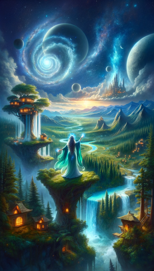 Imagine a sweeping fantasy landscape brimming with wonder. In the expanse, a majestic Middle-Eastern woman, a mage with short, wavy hair, stands on a floating island in the sky. She wears a flowing robe of azure and silver, and her hands are raised, summoning a vortex of stars that spiral around her. Below the island, a verdant forest stretches out, dotted with the glowing windows of treehouse dwellings. A winding river sparkles like liquid sapphire as it snakes through the woodlands and cascades over a cliff in a spectacular waterfall, plunging into a serene lake below. In the distance, towering mountains pierce the horizon, and above them, three moons align, bathing the scene in a surreal, multi-hued light.