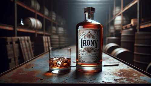An image of a whiskey bottle with a beautifully and well-designed label that reads 'Irony', placed on a rusty metal table, with a neat glass of whiskey beside it, no ice. The setting is a cold, dark warehouse that appears abandoned. The whiskey bottle and glass are the focus in the midst of the surrounding neglect and desolation, with the label's aesthetic design adding a touch of sophistication to the scene.