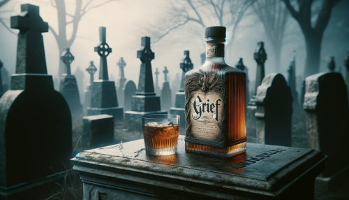 In a somber, gloomy cemetery, a bottle of whiskey rests atop a weathered tombstone, with a neat glass of whiskey beside it. The bottle is emblazoned with the word 'GRIEF' in an ornate and detailed label design that suggests a respectful tribute. The label should appear aged yet intricate, befitting the mournful theme. Surrounding the bottle, the cemetery is shrouded in a soft, sorrowful mist, and the ambiance of the setting is one of quiet reflection and remembrance. The bottle and glass stand as a solitary pair amidst the tombstones, capturing the essence of grief in a wide-screen 16:9 format.