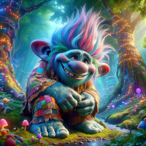 Made using Animation Creation GPT. https://chat.openai.com/g/g-mMk82EkTz-animation-creation

An imaginative, vibrant scene in the style of a modern animated fantasy movie, featuring a jolly troll. The troll is large and endearing with a beaming smile, showcasing his small, pointy teeth. His skin is a distinctive shade of blue, complemented by wildly colorful hair, perhaps in shades of green or pink. The troll is dressed in whimsical, patchwork clothes, like an oversized shirt and baggy trousers, adding to his playful character. The setting is an enchanted forest, with towering, colorful trees, sparkling fairy lights, and a babbling brook. The light filters through the leaves, creating a dreamlike atmosphere. The troll is engaged in a delightful activity, such as playing with forest creatures or picking giant flowers, and is not looking directly at the camera.