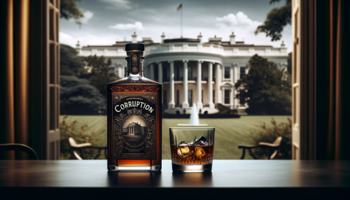 A bottle of whiskey with a glass next to it is placed on an elegant outdoor table, set against the backdrop of a stately building reminiscent of the architectural style of the White House. The bottle is adorned with the word 'CORRUPTION' on an intricately detailed label that suggests a dark elegance. The setting is outdoors, with a neatly manicured lawn and the iconic building in the background, subtly hinting at the theme of power and its potential misuse. The label on the bottle should appear sophisticated and richly textured, exuding an antique charm. The mood is somber and the lighting is natural, casting a serious tone over the scene, presented in a wide-screen 16:9 format.