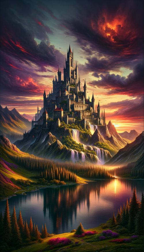 Craft an image of an epic fantasy landscape at twilight, featuring a grand and imposing castle. The sky is a dramatic tapestry of reds, purples, and golds as the sun sets. The castle, built with dark stone, stands on a rugged mountain peak, with towers reaching towards the sky, each topped with a pointed roof and flying pennants. A dense, enchanted forest surrounds the mountain base, teeming with hidden magic. A cascading waterfall tumbles down from the castle's foundations into a crystalline lake below. The rest of the landscape includes rolling hills fading into the distance and a clear view of the castle's reflection in the still waters of the lake, all free from any characters or creatures.