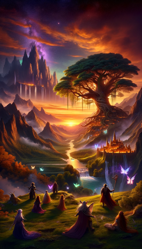 Envision an enchanting fantasy landscape at sunset, where the horizon is ablaze with the fiery oranges and purples of a dying day. Towering above a verdant valley, a colossal tree of life dominates the scene, its branches a sanctuary for mythical creatures. The tree's roots plunge into a sparkling river that flows through the heart of the valley, feeding into a series of waterfalls and pools that glisten with magic. Near the riverbank, an ancient city carved into the living rock of the mountainside glows with the warm light from countless windows. In the foreground, a diverse group of adventurers, including a South Asian female bard with a lute that hums with the wind, and a Black male ranger with a bow that glows with an inner fire, stand in awe of the magnificent view. Faeries dance in the air around them, leaving trails of iridescent light.