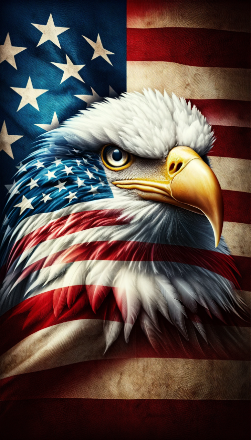 Create a striking patriotic image that fills the entire vertical canvas. The composition features a close-up of a bald eagle's head at the center, symbolizing strength and freedom. The eagle's piercing eyes and sharp beak are in high detail, conveying a sense of nobility and courage. The backdrop is entirely composed of the American flag, with the blue field and white stars prominently displayed near the eagle's head, and the red and white stripes flowing outwards. The image is designed to evoke a strong sense of American pride, with the elements of the flag and the eagle's features seamlessly integrated to fill the entire space.