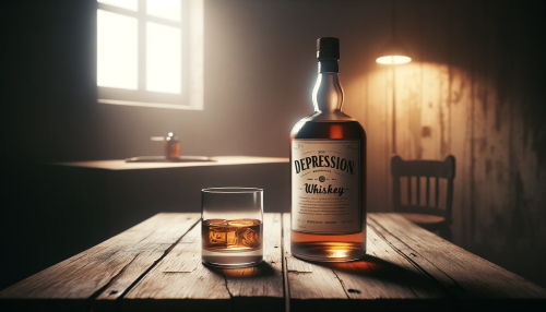 Visualize a whiskey bottle with a beautifully designed label that reads 'DEPRESSION' on a rustic wooden table. There is a glass of whiskey next to it. The room is small, dimly lit, and exudes a feeling of solitude and melancholy, resonating with the theme of depression. The atmosphere should be somber and the setting barren, with minimalistic details that focus on the bottle and the glass. The overall mood is intended to be reflective of the label's message, without any explicit disturbing imagery. The scene should be captured in a 16:9 aspect ratio, emphasizing the room's confined space and the isolation it represents.