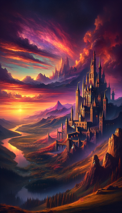 Picture an epic fantasy landscape at the moment of twilight, with the sky painted in spectacular shades of crimson, lavender, and gold. In the foreground, an imposing fantasy castle stands on a high cliff, its spires and towers silhouetted against the sky. The architecture is grand and ornate, with flags fluttering in the breeze. Surrounding the castle, a vast kingdom unfolds, with rolling hills, deep forests, and a meandering river that reflects the vibrant sky. The background is dominated by a majestic mountain range, its peaks catching the last light of the day. The scene is devoid of characters, emphasizing the castle's dominance over the mythical landscape, and highlighting the grandeur of the fantasy world.