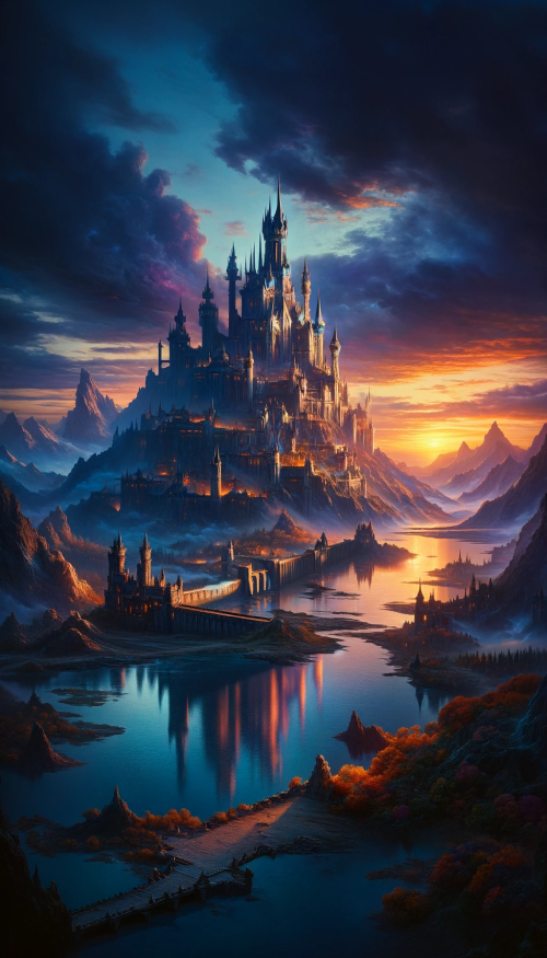 Imagine an epic fantasy landscape at twilight, where the sky glows with a stunning mix of indigo and orange hues. At the heart of the scene is a magnificent castle perched on a craggy peak, its silhouette etched against the sky. This castle boasts towering spires, massive battlements, and expansive courtyards, with elaborate stone carvings and statues adorning its walls. A sweeping view of the surrounding kingdom reveals a vast, enchanted forest with colossal trees, a meandering river that glints in the fading light, and distant mountains that rise up to meet the heavens. The landscape, reflecting the water's surface, emphasizes the castle's regal presence and the sheer scale of the fantasy realm, with no characters present to maintain the focus on the environment.