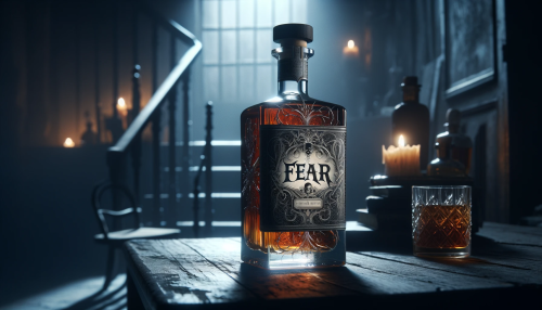 An image of a whiskey bottle with a beautifully and elegantly designed label that reads 'Fear' on a table. The bottle is in a cold, dark room that looks abandoned, enhancing the eerie and somber atmosphere. The bottle's label is a stark contrast to the room's desolation, with intricate designs that catch whatever light is present.