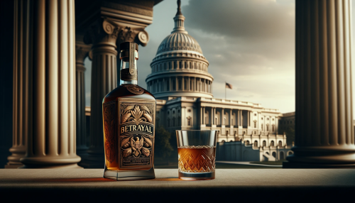 A sophisticated whiskey bottle with a glass beside it rests on a nondescript table set before a grand building reminiscent of, but not specifically, the US Capitol. The bottle brandishes a richly detailed label that reads 'BETRAYAL' in an ornate typeface, symbolizing the weight of the word with a design that is complex and timeless. The backdrop features grandiose architecture akin to a legislative building, with no distinct markers that tie it to an actual place, to suggest the theme of governance and decision-making. The mood of the scene is heavy and contemplative, illuminated by an ambient, soft daylight. The composition is captured in a wide 16:9 aspect ratio, giving it a dramatic and narrative feel.