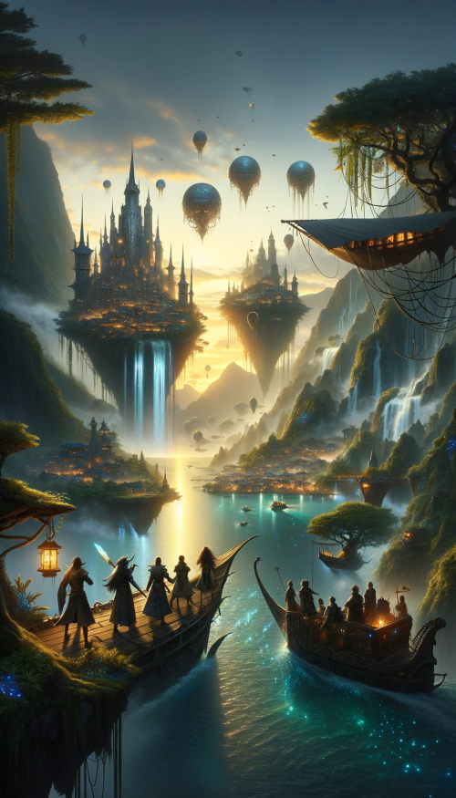 Craft a breathtaking portrait of an epic fantasy valley at dawn, with the first light of morning revealing a tapestry of floating islands above a serene lake. Below the islands, the lake's surface is dotted with the glow of bioluminescent algae. A sprawling city of spires, woven from silver and gold, clings to the largest island, connected by hanging bridges of braided vines to smaller isles. A majestic waterfall spills from one floating landmass, dissolving into mist before it reaches the water below. In the foreground, a diverse party of adventurers embarks on a wooden airship. The group includes an East Asian female warrior wielding a blade that whispers to the wind and a Middle-Eastern male sorcerer holding an orb of shifting lights. The air around them is alive with tiny sprites and the distant calls of mystical creatures.