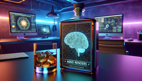 A modern whiskey bottle with a high-tech, brain-patterned label that reads 'MIND RENDERS' is prominently placed on a sleek desk. Beside the bottle, there is a glass of whiskey without any ice, emphasizing the purity of the drink. The office setting is aglow with vibrant RGB lighting that casts a futuristic aura. The label on the bottle is intricately designed with a digital brain motif, symbolizing intelligence and cognitive themes. The environment should exude a sense of advanced technology and innovation, with the brain design on the label serving as the focal point, highlighting the convergence of intellect and modernity. The 16:9 aspect ratio should capture the breadth of the tech-savvy setting.
