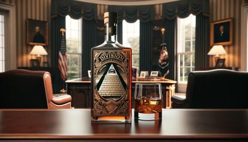 A bottle of whiskey with a glass of whiskey next to it, placed on a desk. The setting is the white house oval office. On the bottle's label, there's a detailed design featuring a pyramid with an all-seeing eye, adding an air of mystery and power. The name "DIVISION" is prominently displayed on the label, which is ornate and artistically crafted. The overall atmosphere is intended to evoke the theme of division, with a strategic and thought-provoking placement of the bottle and glass against the backdrop of the office, hinting at the political and historical significance of the setting. The color scheme includes dark wood, gold, and the subdued tones of the room, creating a serious and sophisticated mood.