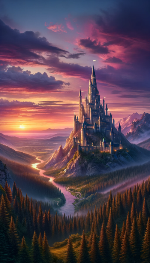 Create a depiction of a fantasy landscape at twilight, complete with a stunning, epic castle. The sky is a canvas of soft pinks, deep purples, and the last glimmers of golden sunlight. The castle is set atop a high mountain, with its tall, elegant spires and sturdy stone walls. Flags wave atop the highest towers, and intricate details are etched into the stone, suggesting a rich history. The surrounding landscape boasts a lush forest that stretches to the horizon, a sparkling river that flows from the mountain's base, and distant rolling hills. The scene should have no characters, allowing the majestic castle and the breathtaking natural beauty to be the sole focus.