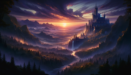 Envision a landscape from an epic fantasy world in a 16:9 aspect ratio, illuminated by the mystical light of twilight. The horizon is painted with a spectacular array of purples, pinks, and the last golden rays of the setting sun. Atop a steep, craggy cliff sits a formidable castle, its spires reaching high into the sky, detailed with gothic architecture and banners gently waving in the wind. The landscape below is a mix of rugged terrain and lush, verdant forests, with a wide, meandering river reflecting the vibrant twilight sky. The imposing mountain range in the distance is partly enshrouded in a light mist, adding a sense of mystery. No characters or creatures are in the scene, putting the entire focus on the natural and architectural splendor of this fantastical world.