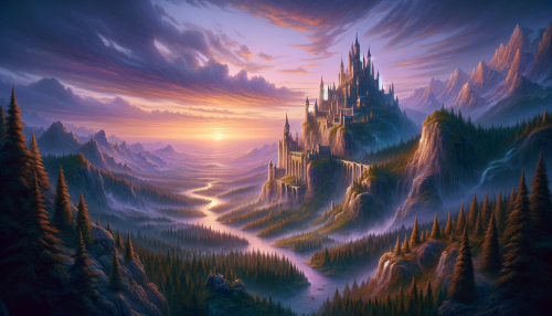 Envision a landscape from an epic fantasy world in a 16:9 aspect ratio, illuminated by the mystical light of twilight. The horizon is painted with a spectacular array of purples, pinks, and the last golden rays of the setting sun. Atop a steep, craggy cliff sits a formidable castle, its spires reaching high into the sky, detailed with gothic architecture and banners gently waving in the wind. The landscape below is a mix of rugged terrain and lush, verdant forests, with a wide, meandering river reflecting the vibrant twilight sky. The imposing mountain range in the distance is partly enshrouded in a light mist, adding a sense of mystery. No characters or creatures are in the scene, putting the entire focus on the natural and architectural splendor of this fantastical world.