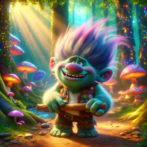 Made using the Animation Creation GPT. https://chat.openai.com/g/g-mMk82EkTz-animation-creation

A colorful, animated scene featuring a smiling troll in a vibrant, cheerful setting, reminiscent of modern animated films. The troll is large, with a friendly face and a wide grin, showing small, pointy teeth. Its skin is a unique shade of green, and it has wild, bushy hair in a bright color like purple or blue. It's wearing simple, rustic clothes, perhaps a vest and shorts, with patches in various colors. The background is a mystical forest, with oversized mushrooms, glittering lights, and a small stream running through. The sun filters through the treetops, creating a magical, dappled light effect. The troll is engaged in a playful activity, like dancing or playing a whimsical instrument, and not looking at the camera.