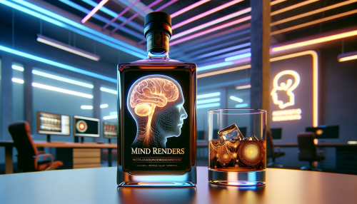 A whiskey bottle stands on a modern desk, its label is a work of art, featuring a highly detailed brain design, symbolizing intellect, with the name 'MIND RENDERS' etched above it. The scene is set in an office space, which glows under the influence of ambient RGB lighting, suggesting a blend of sophistication and digital age aesthetics. Next to the bottle, a glass of whiskey is placed, filled neatly without ice, to reflect the drink's unadulterated form. The office background, while contemporary, should not overshadow the bottle, whose label's intricate neural network patterns are the centerpiece. The overall setting should evoke a sense of technological advancement and cerebral depth, fitting for the theme of 'MIND RENDERS', all captured in a widescreen 16:9 format.