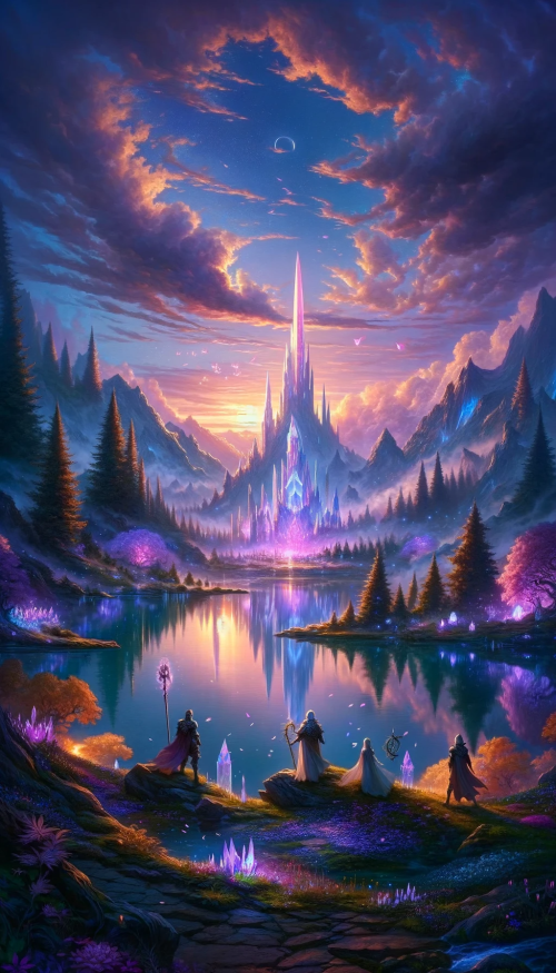 Picture an awe-inspiring fantasy landscape at the edge of twilight, where the remnants of daylight kiss the sky in soft hues of lavender and peach. In the center stands a magnificent crystal spire, reflecting the fading light and casting prismatic colors onto the clouds above. Below the spire, a mystical forest sprawls, dotted with glowing flowers and ancient, wise trees whose leaves whisper secrets of old. A serene lake mirrors the spectacle, disturbed only by the occasional ripple from a leaping fish or a drifting petal. In the foreground, a heroic party of adventurers pauses at the water's edge. This includes an East Asian male sorcerer with a staff pulsating with arcane energy, and a Middle-Eastern female knight whose armor is etched with runes. The air is thick with the magic of dusk, and the distant sound of a dragon's roar promises the onset of night and the adventures it brings.