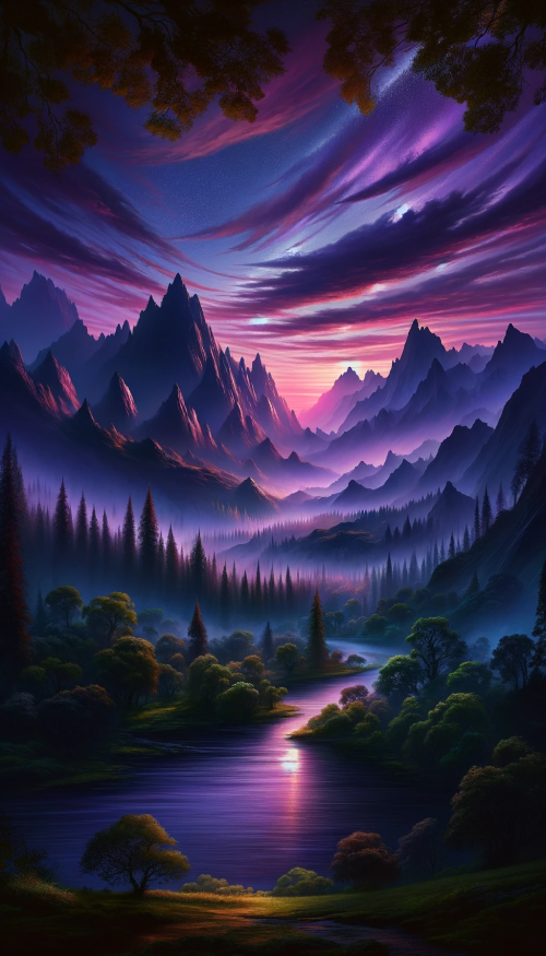 Illustrate a fantasy landscape during the enigmatic hour of twilight. The sky is painted with a spectrum of deep violet to soft rose, signaling the end of day. Below this vibrant canopy, a chain of rugged mountains stands sentinel, their jagged peaks silhouetted against the fading light. A dense forest of ancient trees blankets the foothills, shrouded in the growing dusk. A misty river snakes through the landscape, its surface shimmering with the last echoes of twilight, leading to a cascading waterfall that feeds into a tranquil pond. The scene is entirely natural, with no characters or man-made structures, highlighting the quiet grandeur of an untouched fantasy world.