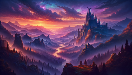 Envision a landscape from an epic fantasy world in a 16:9 aspect ratio, illuminated by the mystical light of twilight. The horizon is painted with a spectacular array of purples, pinks, and the last golden rays of the setting sun. Atop a steep, craggy cliff sits a formidable castle, its spires reaching high into the sky, detailed with gothic architecture and banners gently waving in the wind. The landscape below is a mix of rugged terrain and lush, verdant forests, with a wide, meandering river reflecting the vibrant twilight sky. The imposing mountain range in the distance is partly enshrouded in a light mist, adding a sense of mystery. No characters or creatures are in the scene, putting the entire focus on the natural and architectural splendor of this fantastical world.