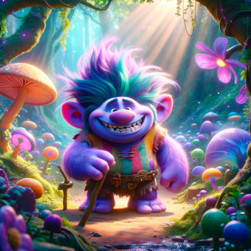 Made using Animation Creation GPT. https://chat.openai.com/g/g-mMk82EkTz-animation-creation

A lively, animated scene set in a magical, enchanted forest, reminiscent of a modern animated fantasy film. In the center of the scene, there's a large, friendly troll with bright purple skin, exuding a sense of joy and playfulness. The troll has a big, warm smile, showing off tiny, pointy teeth. Its hair is wildly tousled, maybe a contrasting color like electric blue or vivid green. The troll's outfit is simple yet colorful, perhaps a tunic with patches of different bright colors. The background is a mystical forest, full of oversized, glowing flowers, twisting vines, and a sparkling stream. The sunlight streams through the trees, casting a soft, enchanting glow. The troll is busily engaged in a fun activity, such as playing a whimsical instrument or dancing with forest animals, and is not looking at the camera.