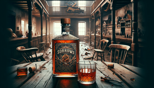 Illustrate an image of a whiskey bottle with an intricately designed label that reads 'SORROWS', set on a rustic wooden table with a glass of whiskey beside it. The scene unfolds in a deserted western saloon from the 1800s, evoking a sense of melancholy. The saloon is in disarray, with chairs and tables overturned and broken glass littering the floor, all contributing to the sorrowful atmosphere. The label on the bottle should be a beacon of beauty amidst the chaos, and the overall mood should deeply resonate with the theme of sorrows. The image should be in a 16:9 aspect ratio, allowing a broad view of the desolate saloon interior.