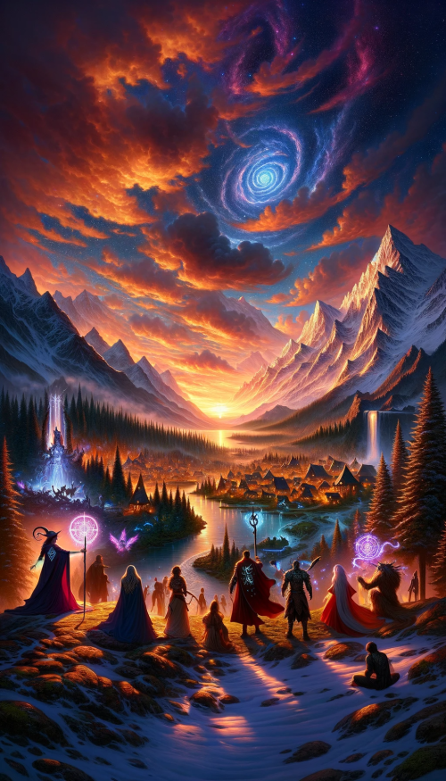 Depict a breathtaking fantasy landscape during the enchanted hour of twilight. In the sky, the last golden rays of the sun set the clouds aflame with pink and amber, while the first stars begin to twinkle. Below, a majestic mountain range is crowned with snow that reflects the sky's warm colors. At the foot of the mountains lies an ancient forest where trees spiral towards the heavens, their bark inscribed with glowing runes. Amidst the trees, a hidden village with thatched cottages and cobblestone paths bustles with humanoid creatures of folklore. A crystalline river cuts through the landscape, leading to a waterfall that cascades into a luminescent pool. Foregrounding this scene, a diverse group of adventurers gathers: a Hispanic female wizard with a staff topped with a glowing orb, and a Black male warrior whose armor is adorned with celestial motifs, ready to begin their epic journey.