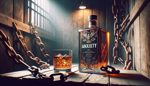 Visualize a whiskey bottle on a rustic wooden table with a whiskey glass next to it, in a cramped, dimly lit room that exudes a sense of anxiety. Include a rusty chain on the table to enhance the tense atmosphere. The bottle features a stunningly designed label with the word 'ANXIETY'. The setting, lighting, and objects should all contribute to a feeling of discomfort and unease. The beautiful label on the bottle should stand out, serving as a stark contrast to the room's oppressive mood. Render this scene in a 16:9 aspect ratio, to emphasize the room's claustrophobic ambiance.