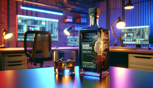 A contemporary whiskey bottle with a sleek, tech-inspired label that reads 'MIND RENDERS' is placed on a modern desk. Alongside it is a glass of whiskey. The office environment is illuminated with RGB lighting, casting dynamic, colorful shadows that highlight the technological theme. The label is detailed, with a digital, circuit-like design that resonates with the tech atmosphere. The scene conveys a fusion of traditional whiskey heritage with a modern, high-tech vibe, creating an aura that is both sophisticated and cutting-edge. The setting should embody the spirit of innovation and technology, with the 16:9 aspect ratio emphasizing the wide, expansive feel of the modern office space.