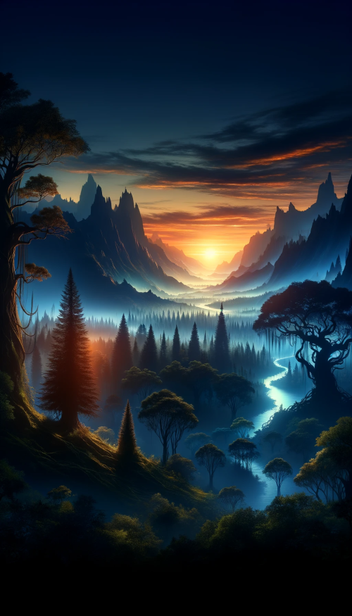 Envision a fantasy landscape at the magical moment of twilight. The sky is a gradient of deepening blues to fiery oranges, with the final light of day casting a mystical glow. A silhouette of a sprawling, enchanted forest dominates the foreground, with towering trees and hidden groves. Soaring above the forest canopy, a range of ancient mountains stands majestic, with their peaks kissed by the day's last light. A network of rivers and waterfalls adds life to the landscape, flowing into a luminous, misty lake at the forest's edge. The landscape is free of any characters, allowing the splendor of nature in this mythical realm to shine through, highlighting the serene beauty and grandeur of an untouched world.