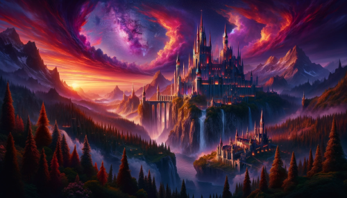 Envision a landscape from an epic fantasy world in a 16:9 aspect ratio, illuminated by the mystical light of twilight. The horizon is painted with a spectacular array of purples, pinks, and the last golden rays of the setting sun. Atop a steep, craggy cliff sits a formidable castle, its spires reaching high into the sky, detailed with gothic architecture and banners gently waving in the wind. The landscape below is a mix of rugged terrain and lush, verdant forests, with a wide, meandering river reflecting the vibrant twilight sky. The imposing mountain range in the distance is partly enshrouded in a light mist, adding a sense of mystery. No characters or creatures are in the scene, putting the entire focus on the natural and architectural splendor of this fantastical world.